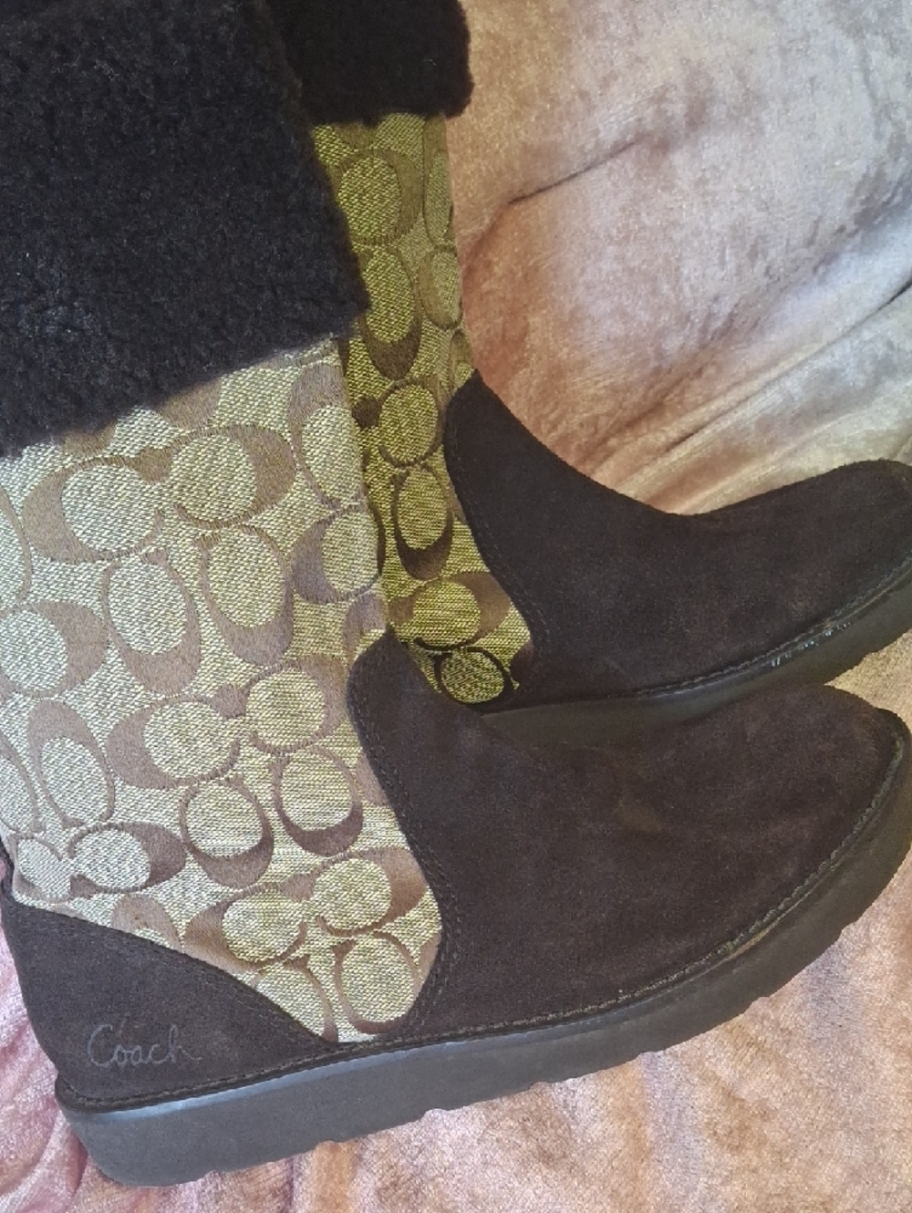 EUC Coach Brown Suede and Tan Signature Canvas Shearling-Trim Boots Size 9 - Picture 2 of 7